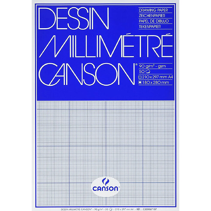 CANSON Bloc de 50 feuilles Papier millimétré A4 90g Ligné bleu