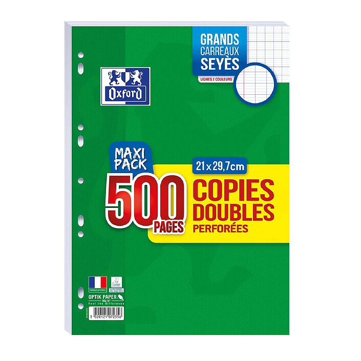 OXFORD Copies Doubles Perforées 500 Pages A4 90g grands carreaux