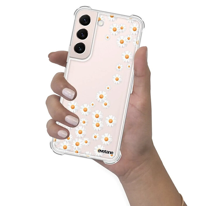 Evetane Coque Samsung Galaxy S22 5G Silicone antichocs Solides coins renforcés  transparente Motif Marguerite pas cher