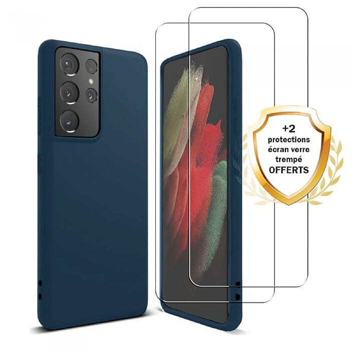 Evetane Coque Samsung Galaxy S21 Ultra 5G Silicone liquide Bleu Marine + 2 Vitres en Verre trempé Protection écran Antichocs