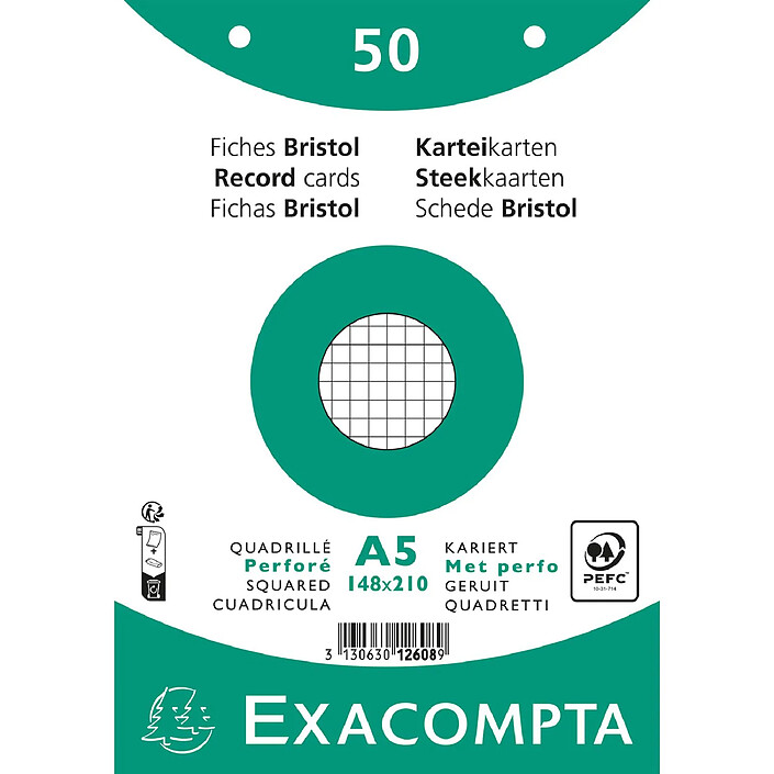 EXACOMPTA Paquet 50 fiches sous film - bristol quadrillé 5x5 perforé 148x210mm - Blanc