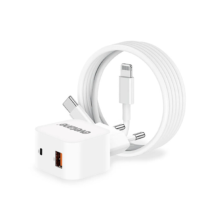 Evetane Chargeur Secteur 25W Double Port USB-C & USB-A + Câble 2m USB-C vers Lightning – Charge Rapide compatible iPhone 11/12/13/14