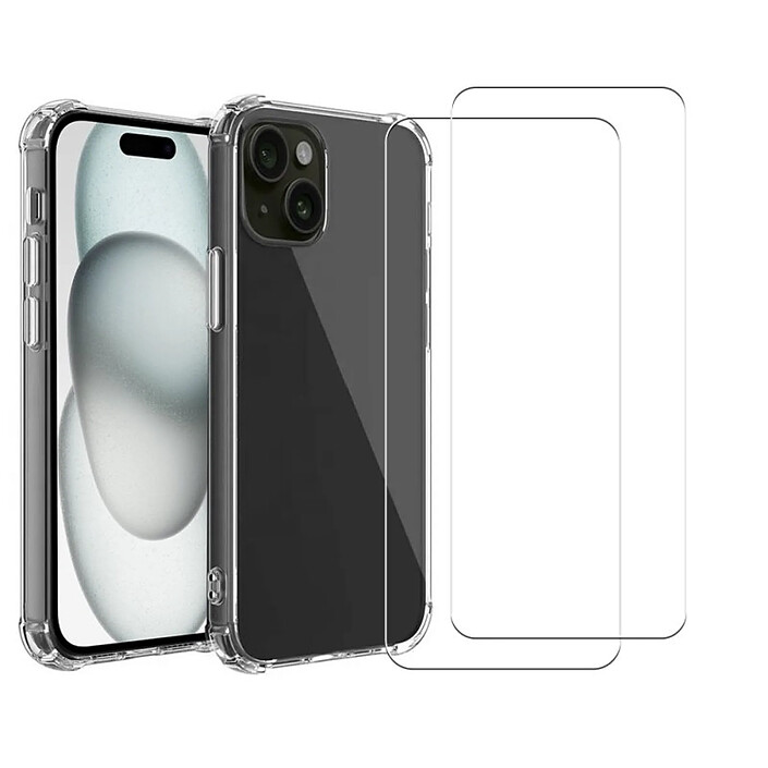 Evetane Coque iPhone 15 Antichoc Silicone bords renforcés + 2 Vitres en verre trempé Protection écran pas cher