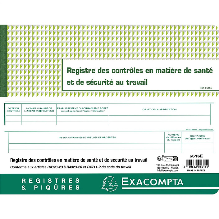 Acheter EXACOMPTA Piqûre 24x32cm - Registre des contrôles de santé et de sécurité au travail - 20 pages x 5