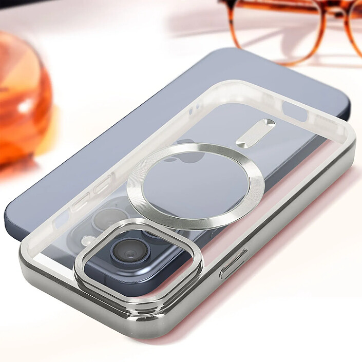 Avizar Coque MagSafe pour iPhone 15 Pro Silicone Protection Caméra Chromé Argent pas cher