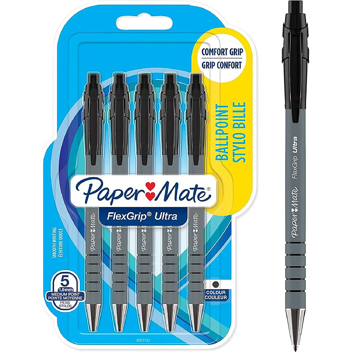 PAPER MATE Stylo à bille FlexGrip Ultra, blister de 5, noir