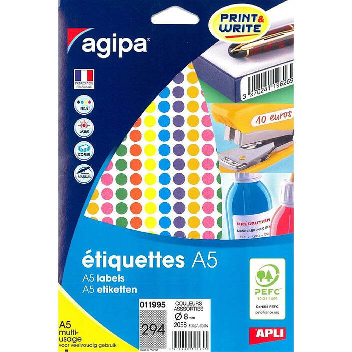 AGIPA Etui A5 ( 7F ) de 2058 Pastilles Gommettes Rondes 8 mm Assorties