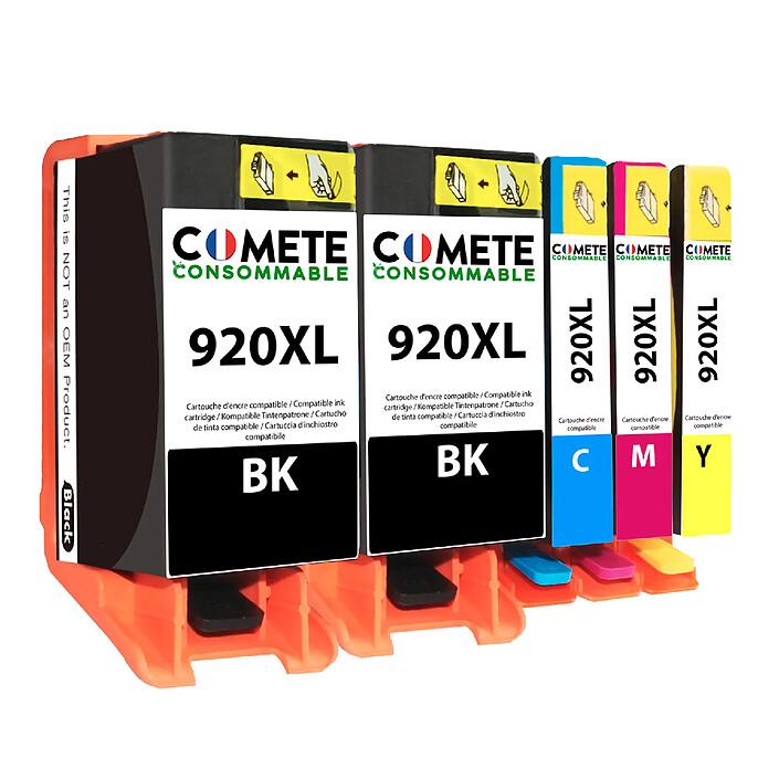 COMETE - HP 920XL - Pack de 5 Cartouches d'encre Compatible avec HP - Couleur et Noir - Marque française