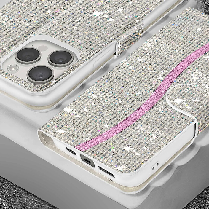 Avizar Étui pour iPhone 14 Pro Max Pailleté Disco Portefeuille Support vidéo Argent pas cher