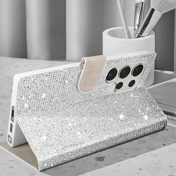 Acheter Avizar Étui pour Samsung S23 Ultra Pailleté Disco Portefeuille Support vidéo Argent