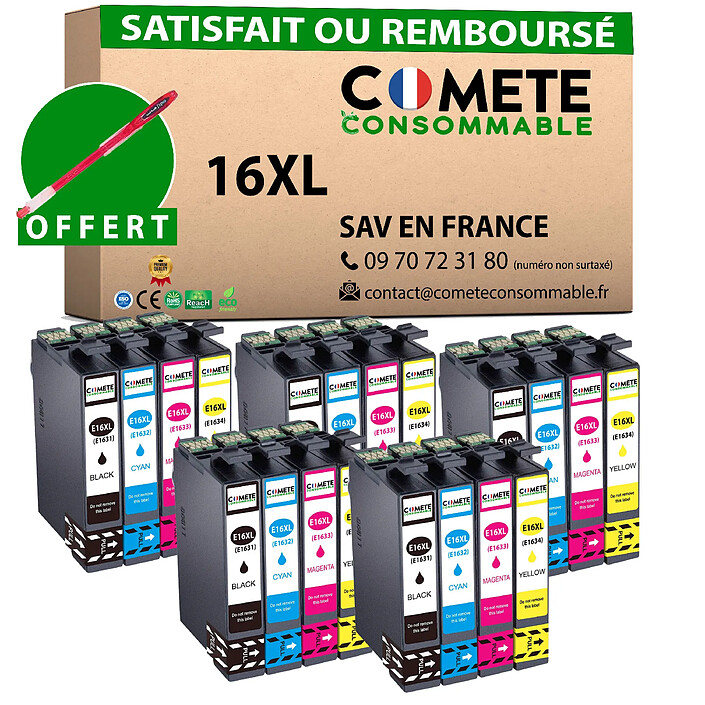 COMETE, Entreprise française - 16XL - 20 Cartouches d'encre Compatibles avec EPSON 16 XL - Noir(5)/Couleur