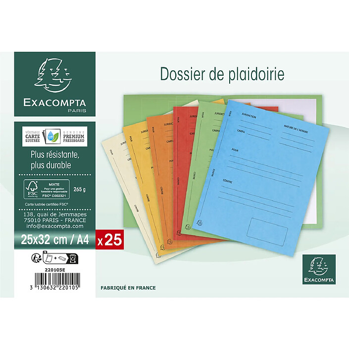 Acheter EXACOMPTA Paquet de 25 dossiers Plaidoirie 'Pour/Contre' carte lustrée 25x32cm Rouge