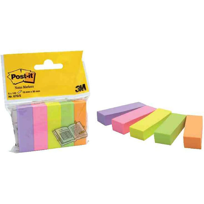 POST-IT Lot de 5 blocs de 100 marque-pages repositionnable couleurs néons 15x50mm