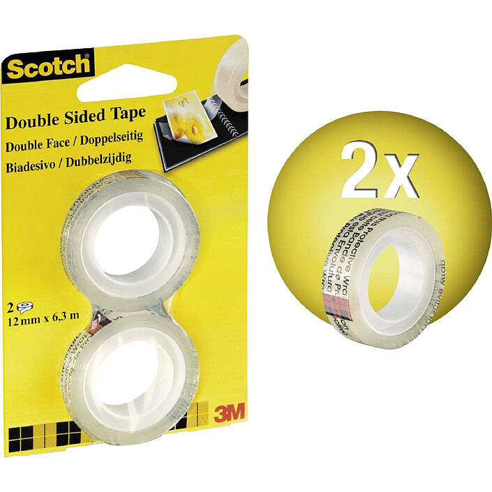 SCOTCH Lot de 2 Rubans adhésif double face 665, 12 mm x 6,3 m SANS DEVIDOIR