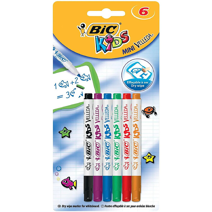 BIC Blister de 6 Feutres effaçable A SEC Kids MINI VELLEDA Pointe Ogive Moy. Assorti fantaisie