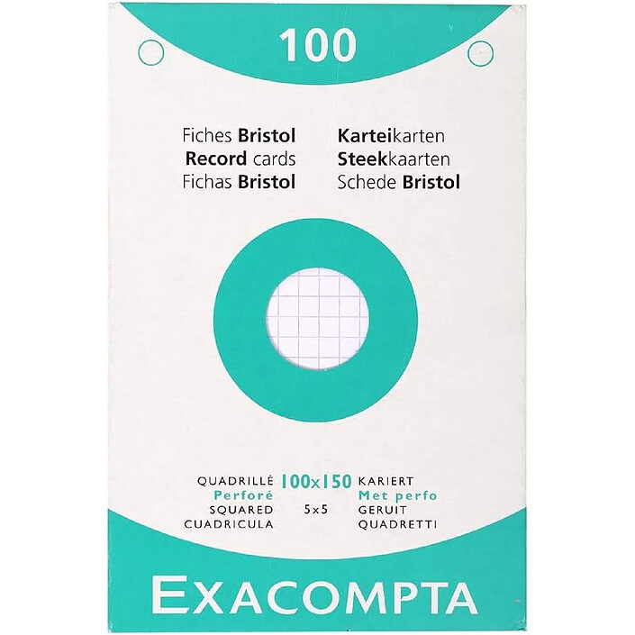 EXACOMPTA Étui de 100 fiches bristol quadrillé 5x5 perforé 100x150mm Blanc