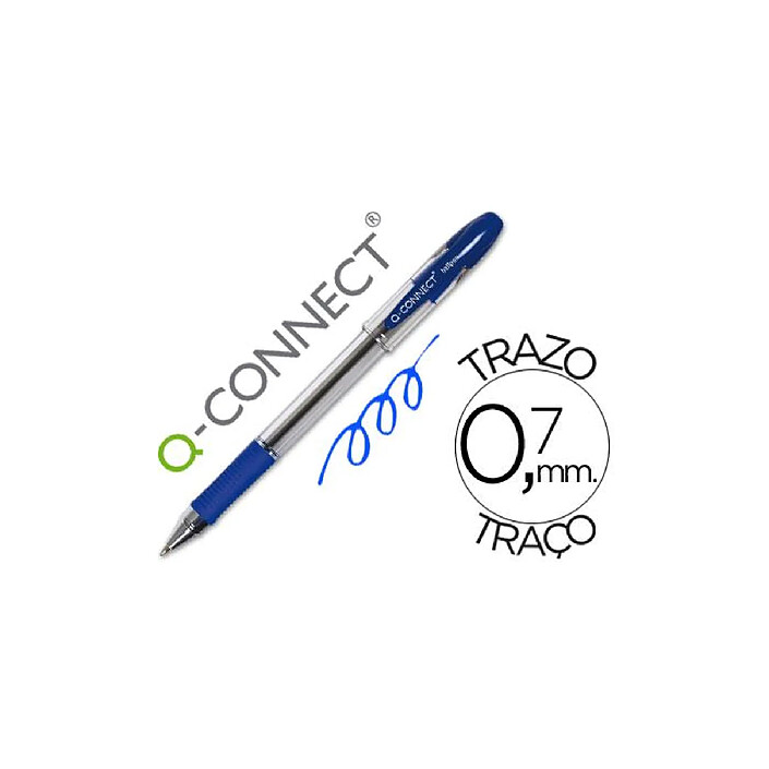 Q-CONNECT Stylo-bille transparent trait 0.4mm pointe moyenne 0.7mm encre douce grip caoutchouc coloris bleu x 12