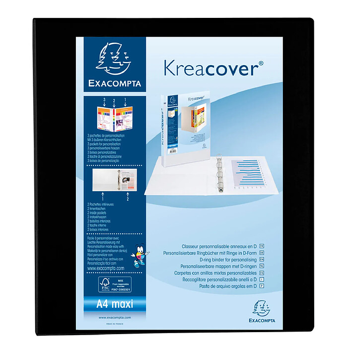 EXACOMPTA Classeur personnalisable Kreacover A4 Maxi 4 Ax Diam 40mm Dos 60 mm Noir