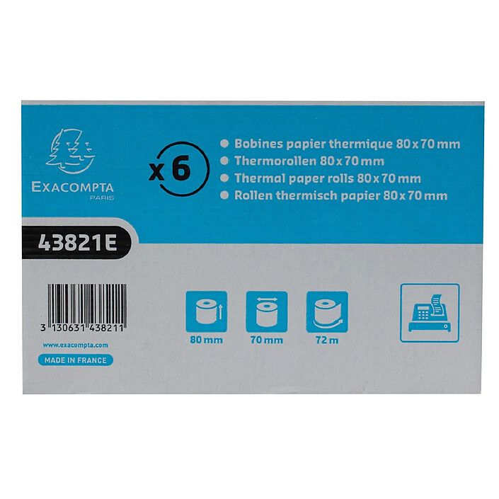 EXACOMPTA Bobine pour tickets de caisse 80x70mm - 72m - 1 pli thermique 48g/m2. - Blanc x 6