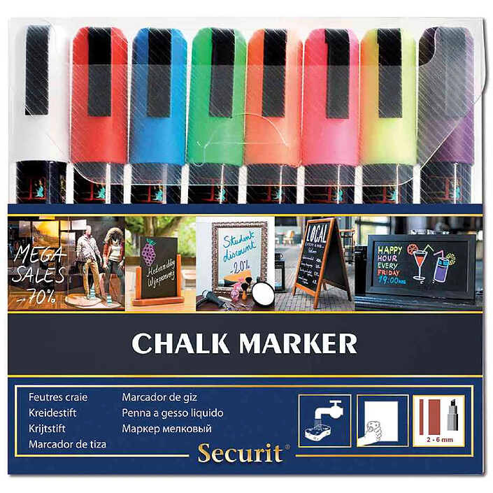 SECURIT Etui Lot de 8 Marqueurs ORIGINAL MEDIUM Craie Liquide Pointe Biseautée Assortis