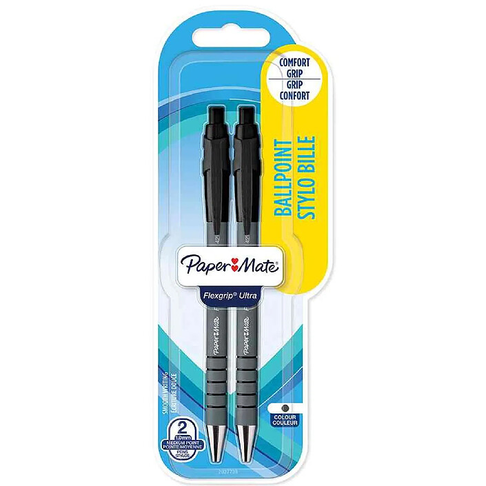 PAPER MATE Stylo à bille FlexGrip Ultra, blister de 2, noir