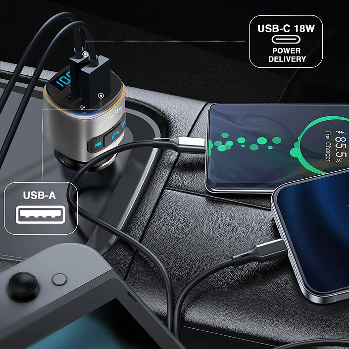 4smarts Transmetteur FM Bluetooth avec Chargeur Voiture USB et USB-C PD 18W 4smarts Noir pas cher