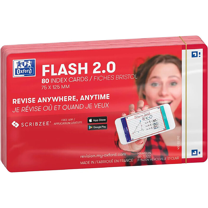 OXFORD Pack 80 Fiches Bristol Flash 2.0 - 7,5 x 12,5cm Fond Blanc Uni Cadre Rouge
