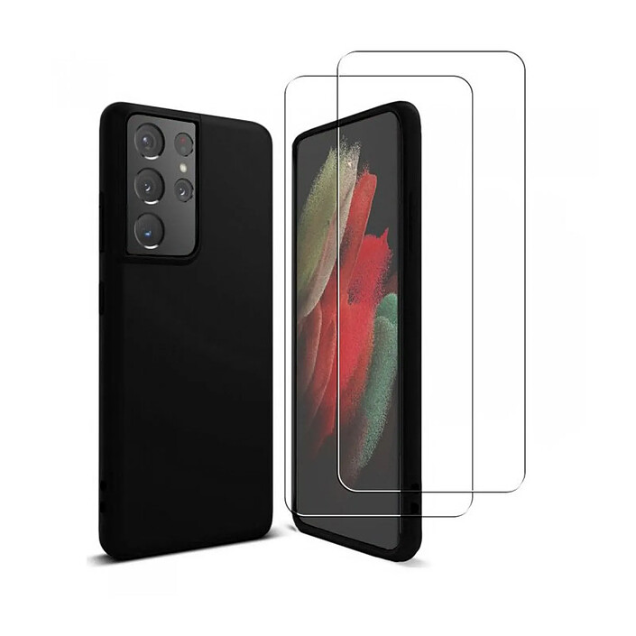 Acheter Evetane Coque Samsung Galaxy S21 Ultra 5G Silicone liquide Noire + 2 Vitres en Verre trempé Protection écran Antichocs