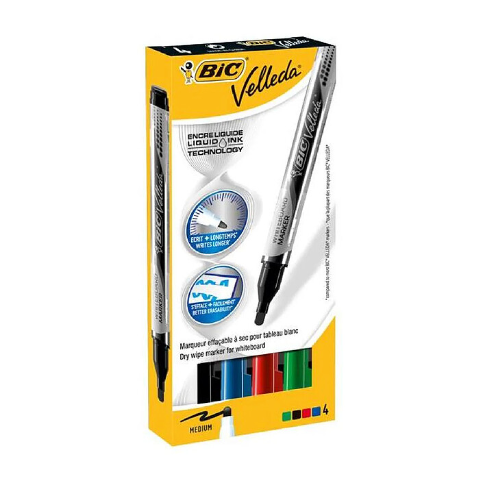 BIC Etui 4 Feutres tableau blanc effaçable LIQUID INK Pocket Pointe Ogive Moy. N/B/R/V