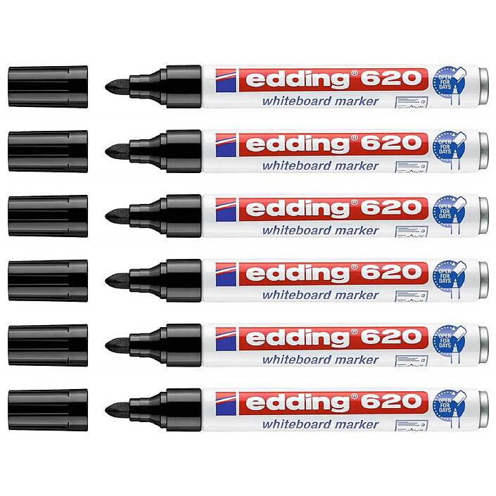 EDDING Marqueur pour Tableaux blancs 620 Noir Corps Alu Pointe Ronde 1,5-3 mm x 6