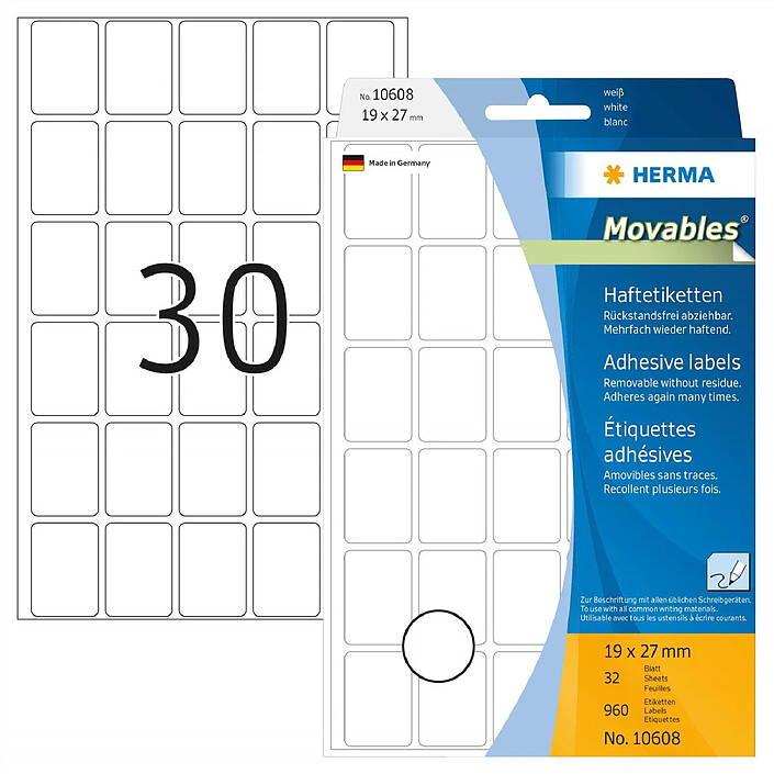 HERMA Etui de 960 Étiquettes 'Movables' 19 x 27 mm, manuelle, blanc, sur 32 feuilles
