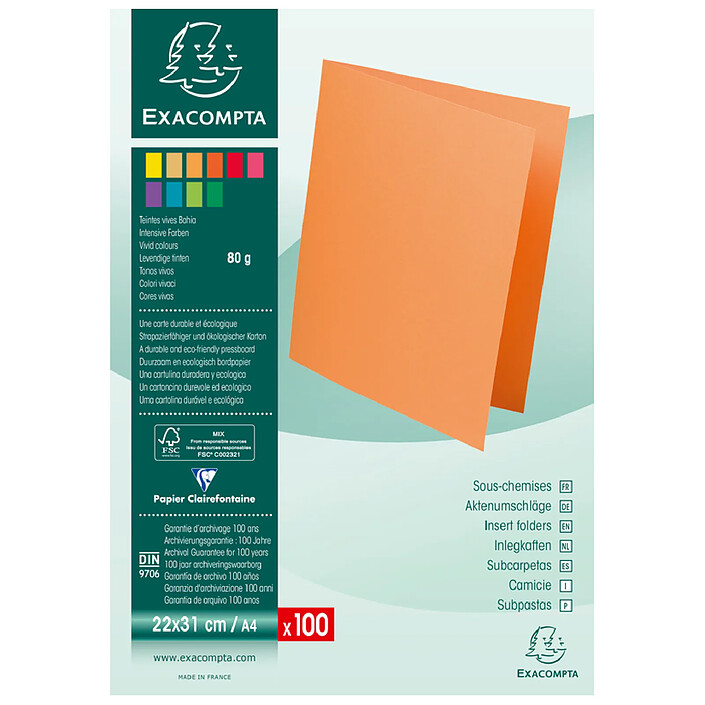 EXACOMPTA Paquet 100 Sous-Chemise ROCK'S Papier 80g Teintes Vives Vert Sapin x 10