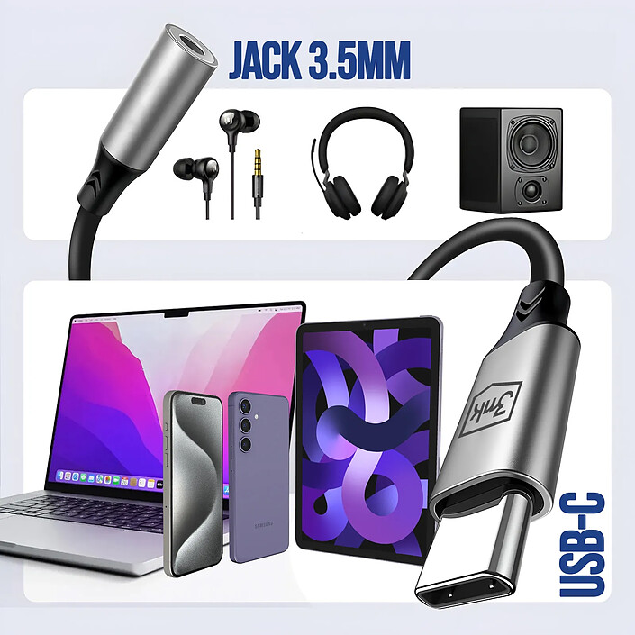 Acheter 3mk Adaptateur USB C vers Jack 3.5mm Haute Qualité Sonore Compact Noir / Argent