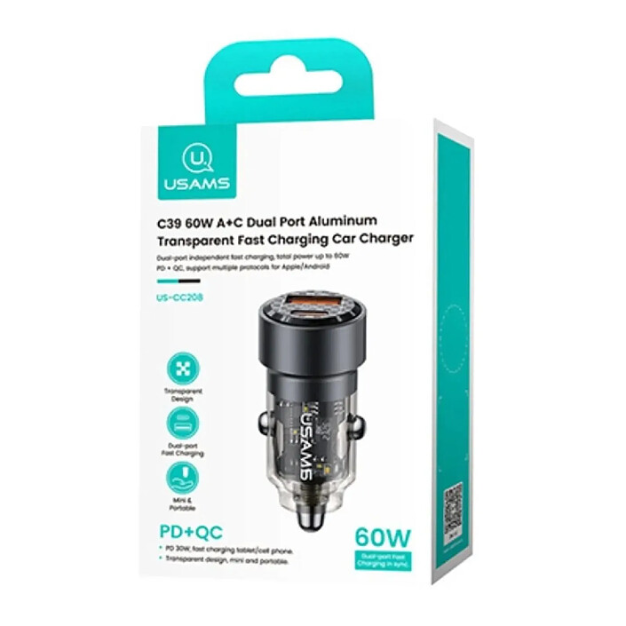 Usams Chargeur Voiture Ultra-rapide 95W USB-C PD 65W+USB-A QC 30W avec Parasurtenseur Noir transparent pas cher