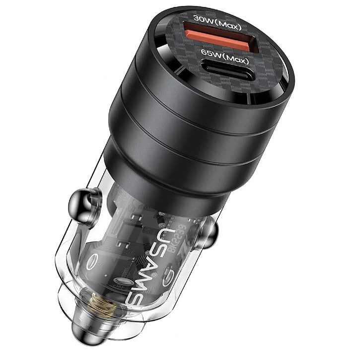 Usams Chargeur Voiture Ultra-rapide 95W USB-C PD 65W+USB-A QC 30W avec Parasurtenseur Noir transparent