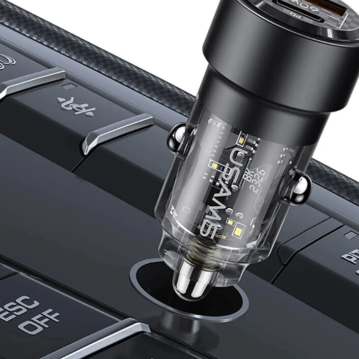Acheter Usams Chargeur Voiture Ultra-rapide 95W USB-C PD 65W+USB-A QC 30W avec Parasurtenseur Noir transparent