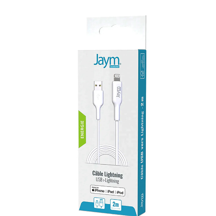 Jaym Câble de Charge et Synchronisation de donnée USB vers Lightning MFI 2,4A 2M Blanc pas cher