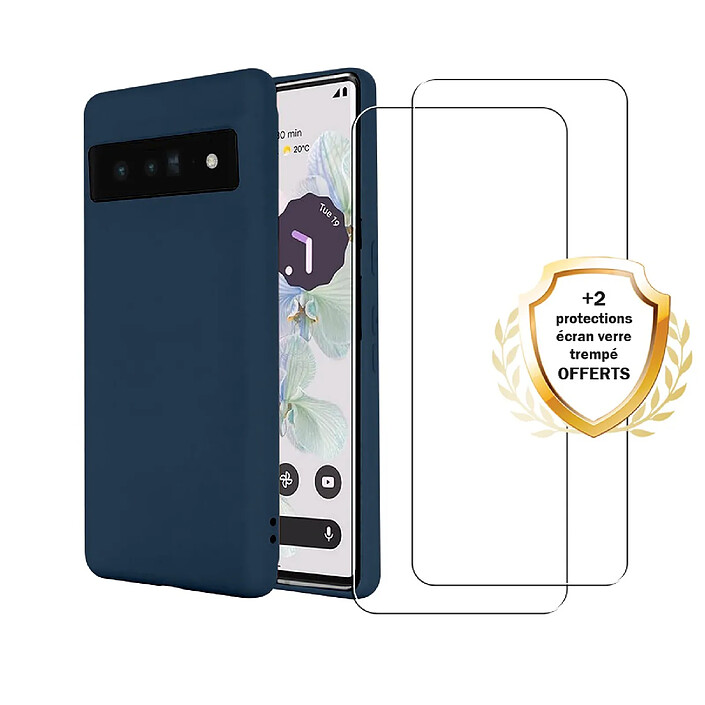Evetane Coque Google Pixel 7 Silicone Liquide Bleue Marine + 2 Vitres en verre trempé Protection écran