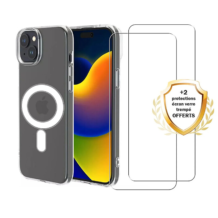 Evetane Coque iPhone 15 transparente Motif Compatible Magsafe + 2 Vitres Protection Ecran