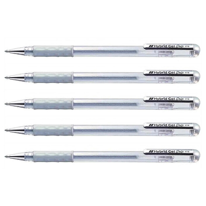 PENTEL Roller à encre Hybrid Gel Grip K118 Pointe 0,8 mm Métallisé Argent x 5