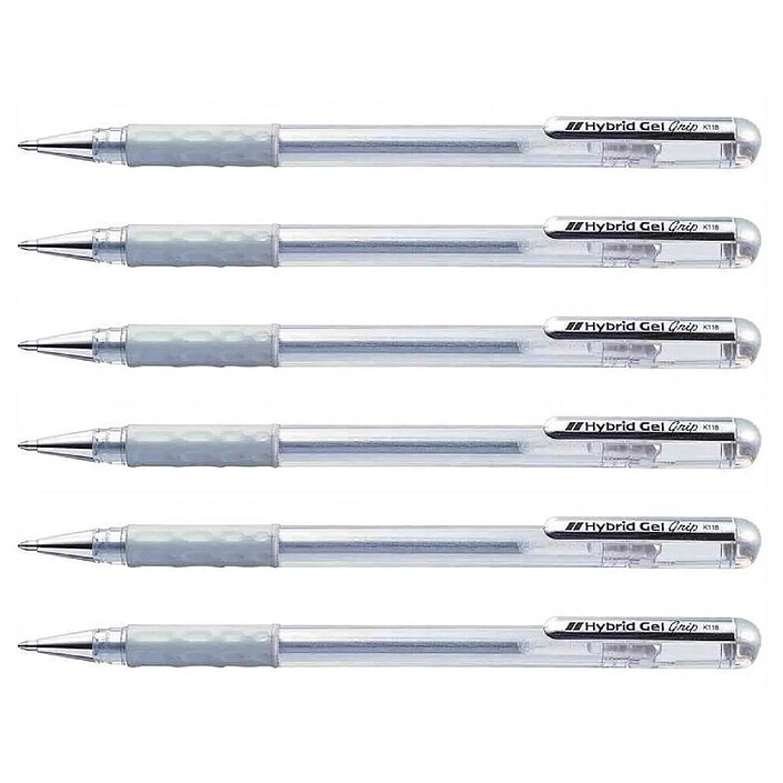 PENTEL Roller à encre Hybrid Gel Grip K118 Pointe 0,8 mm Métallisé Argent x 6