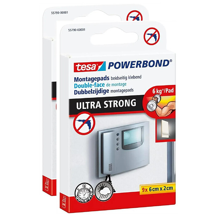 TESA Pack 9 Adhésifs Double-face de Montage Powerbond Ultra Strong 20 x 60 mm x 2