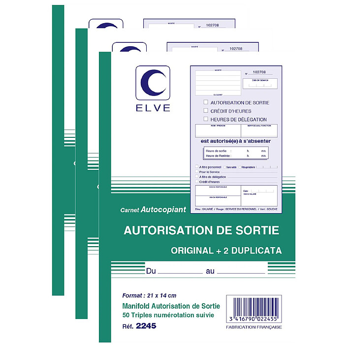 ELVE Manifold AUTORISATION SORTIE 210X140 mm 50 feuillets Tripli x 3