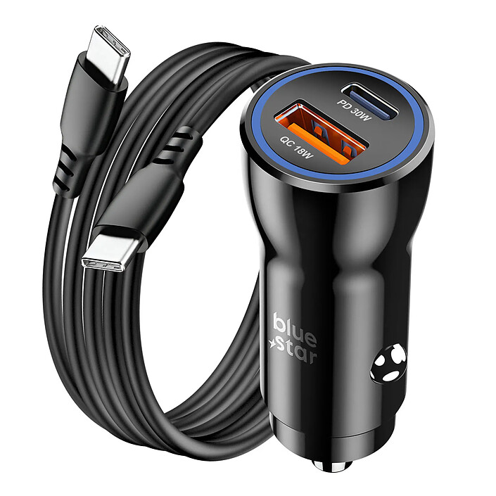 Blue Star Chargeur Voiture USB-C 30W + USB 18W + Câble USB-C Design Compact Noir