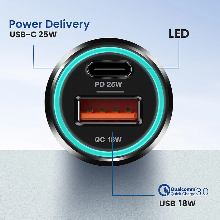 Avis Blue Star Chargeur Voiture 25W USB et USB C Power Delivery + Câble USB C 60W Noir