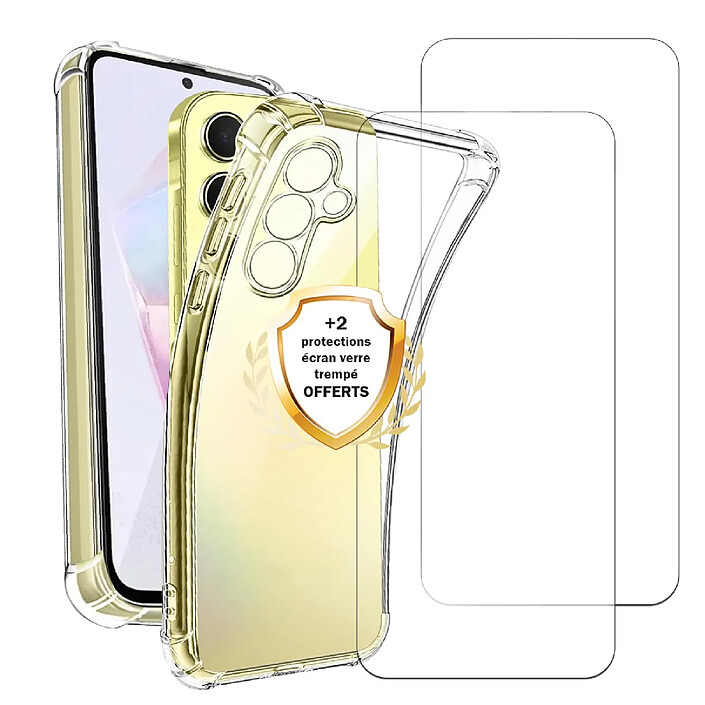 Evetane Coque Samsung Galaxy A35 Antichoc coins renforces Silicone + 2 Vitres en verre trempe Protection ecran