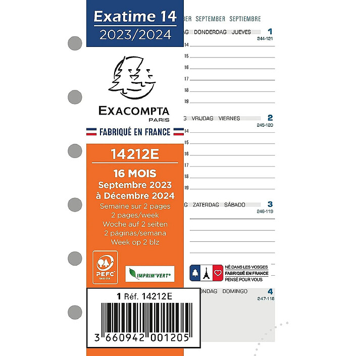 EXACOMPTA Recharge Exatime 14 semainier millésimé 2 pages par semaine 16 mois 126x81 mm