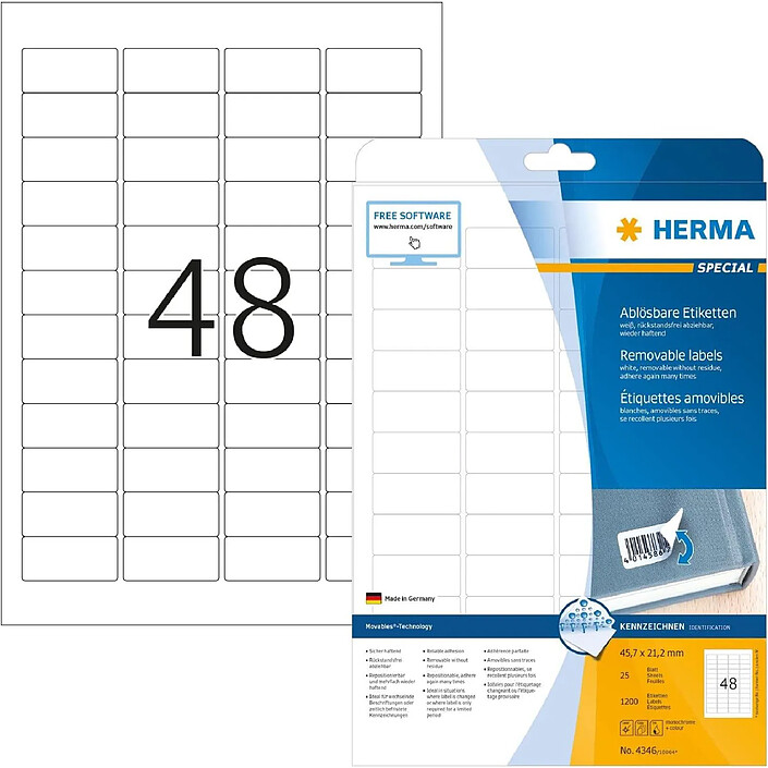 HERMA 1200 étiquettes universelles SPECIAL, amovibles, 45,7 x 21,2 mm, blanc