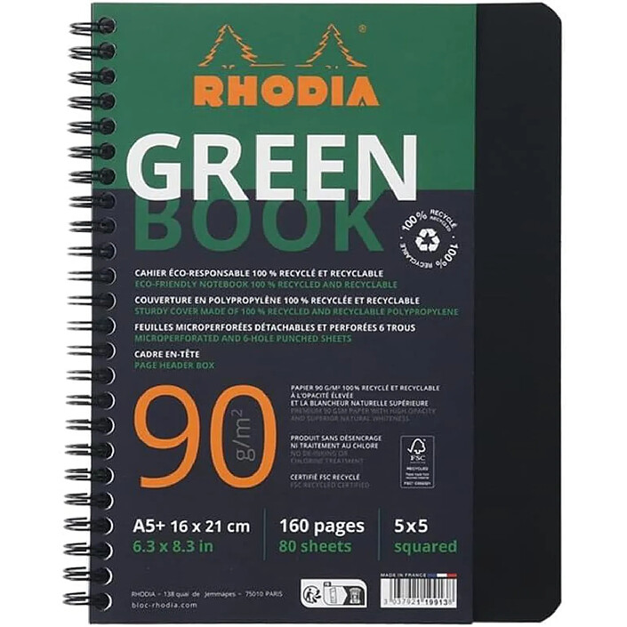 RHODIA Cahier Greenbook 100 % Recyclé - A5+ 16 x 21 cm - Petits Carreaux -160 p