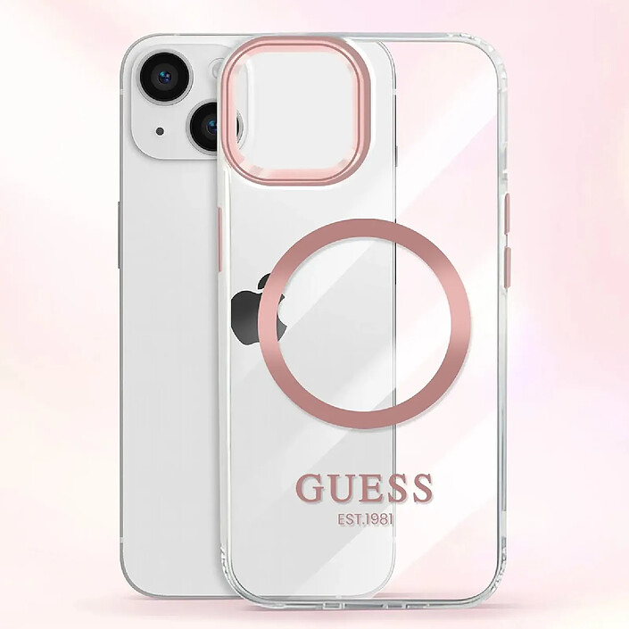 Avis Guess Coque Magsafe pour Apple iPhone 14 TPU Gold Outline Transparent